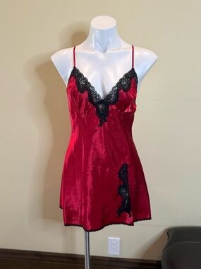 Frederick's of Hollywood Red Satin Chemise with Black Lace Trim